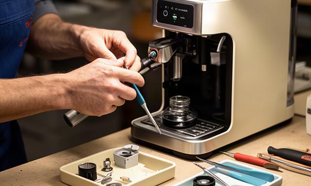 Koffiezetapparaat wordt gerepareerd met precisiegereedschap